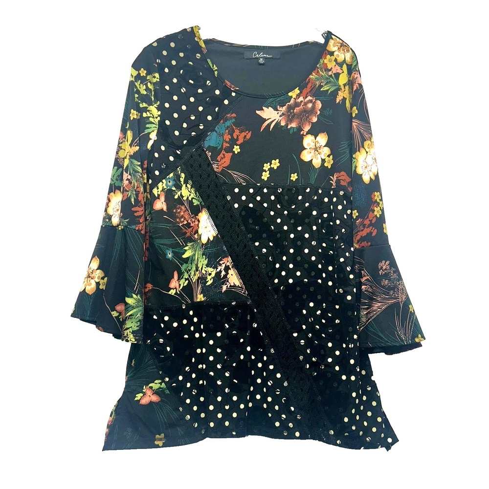Caleesa Women's Black Floral Medium Polyester Blend Top Blouse (E6)